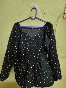 Black Sweetheart Neck Top With White Hearts Print