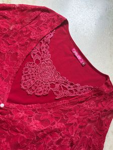 Red Lace Top with Pearl Buttons