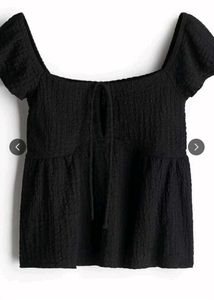 H&amp;M Black Textured Tie-Neck Top