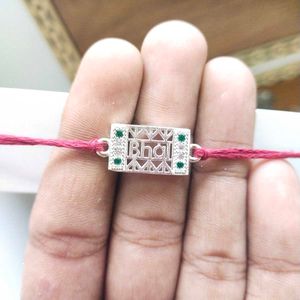 &#34;Bhai&#34; Logo Pure Silver Green &amp; White CZ Rakhi