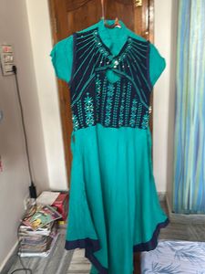 Green &amp; Navy Dress with Waist Tie