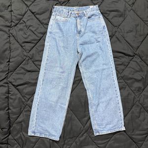 straight-leg, high-waisted jeans