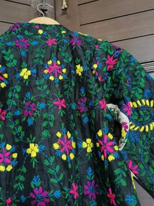 Women Black Cotton Silk Fulkari Embroidery Kurta