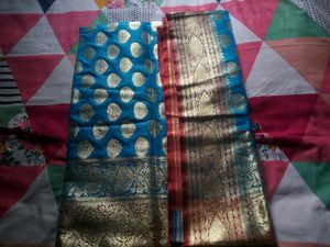 Blue & Red Katan Benarasi Heavy Saree