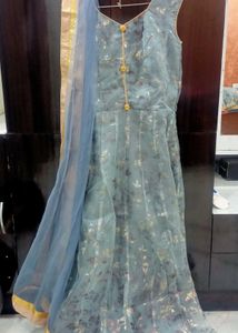 Grey gown with net shrug and dupatta