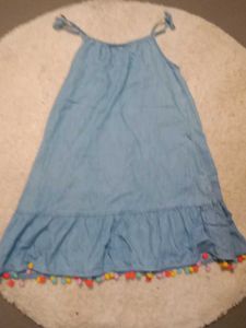 Blue Denim Dress with Pom-Pom Detail