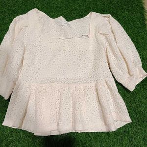 Eyelet Peplum Top - Square Neck Puff Sleeve