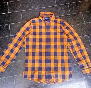 Pull Bear Orange & Blue Plaid Long Sleeve
