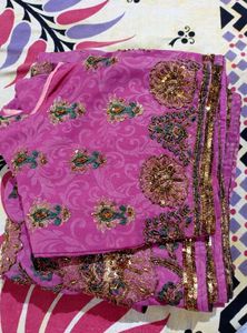 Royal Pink Zari Embroidered Saree With Blouse