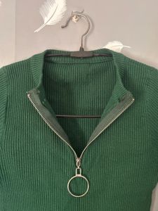 Green Ribbed Zipper Top