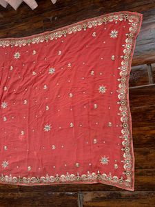 Coral Pink Embroidered Saree with Matching Blouse