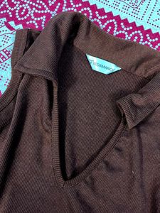 Brown Ribbed Polo Top