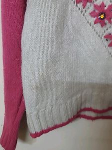 Pink And White Embellished Girls Highneck Sweater