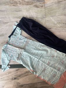 Mint Green &amp; Navy Printed Kurti Set