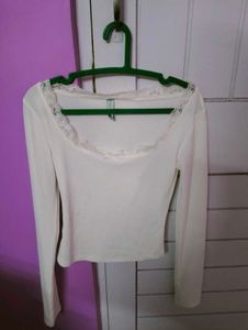 White Long Sleeve Lace Trim Top
