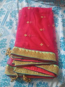 Magenta Net Dupatta with Gold Embroidery