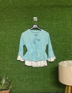 Cute Blue Tie-Neck Top