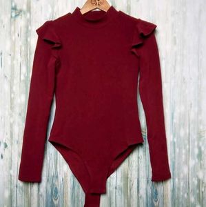 Mock neck long sleeve bodysuit w ruffle shoulder r