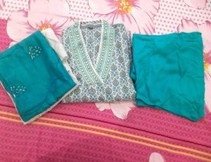 Teal & White Printed Kurta Set