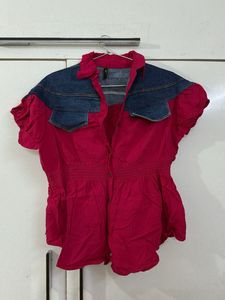 Pink Denim-Detailed Top