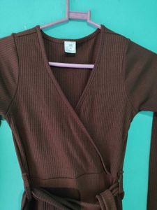 Overlapping Styled Neck Rib Dress With Flared Hem