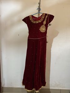 Long maroon Velvet gown With beads Work