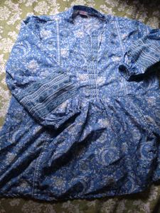 Blue Floral Print Long Sleeve Short Kurti