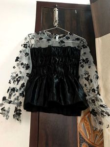 Satin Top With Net Sleeves
