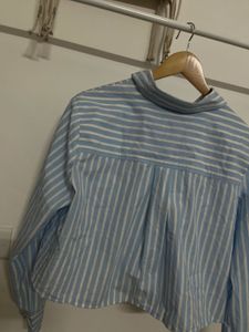 FRENCH CONNECTION Blue Stripe Crop Shirt