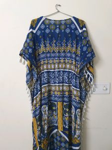 Printed Cotton Kaftan | Navy Blue And White