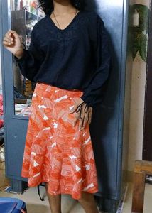 Brick Red &amp; White Geometric Print Skirt