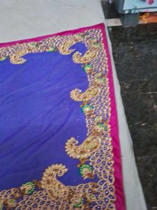 Blue With Golden Aamini Design Pink Velvet Border