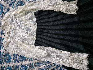 White Net Top With Black And Grey Skirt