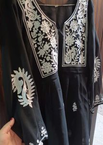 Black Short Kurti With White Thread Work