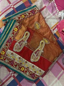 Stunning Red &amp; Yellow Embroidered Net Saree