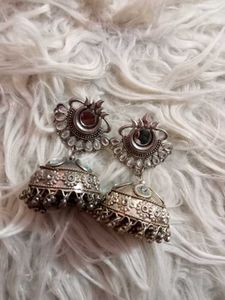 Oxidised Silver Toned Jhumka Earrings