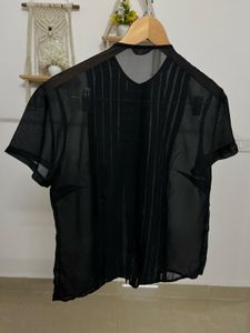 Black Sheer Chiffon Pleated Tops