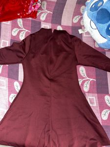 Stitching bell Sleeve Midi Dress Maroon