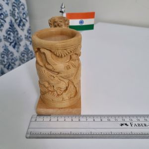 Wooden Pen Stand with Ashoka Stambh &amp; National Flag