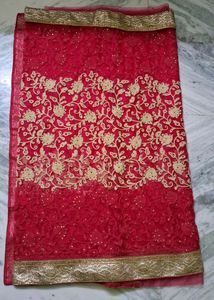 Pink & Gold Embroidered Net Saree