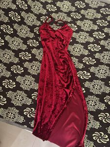 Burgundy Velvet Slit Maxi Dress