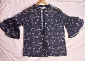 Navy blue with peach floral design shirt