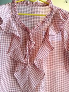 Pink Gingham Ruffle Blouse