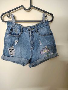 Embroidered Denim High-Waisted Shorts