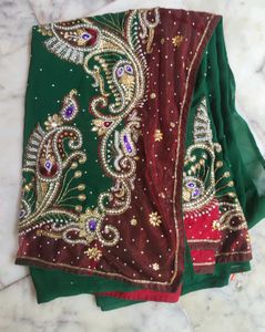 Fully Work Green Saree With Red Net Border