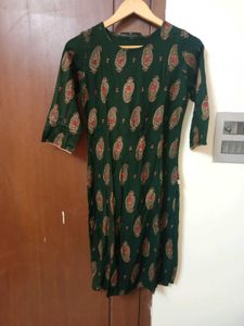 Dark Green with Gold Paisley Print Kurta, Size-XS