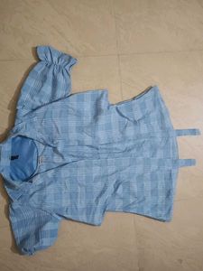 Light Blue Plaid Tie-Waist Top