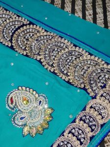 Teal &amp; Silver Embroidered Saree