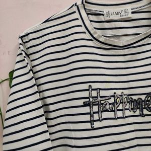 White Striped Crop Tee