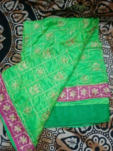Green Saree with Pink Lace Border